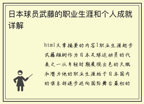 日本球员武藤的职业生涯和个人成就详解